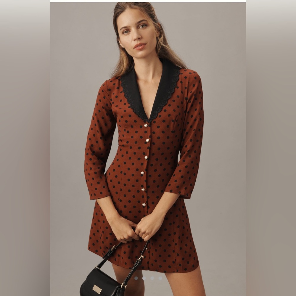 Reformation Galene Brown Polka Dot Mini Dress, new, never worn